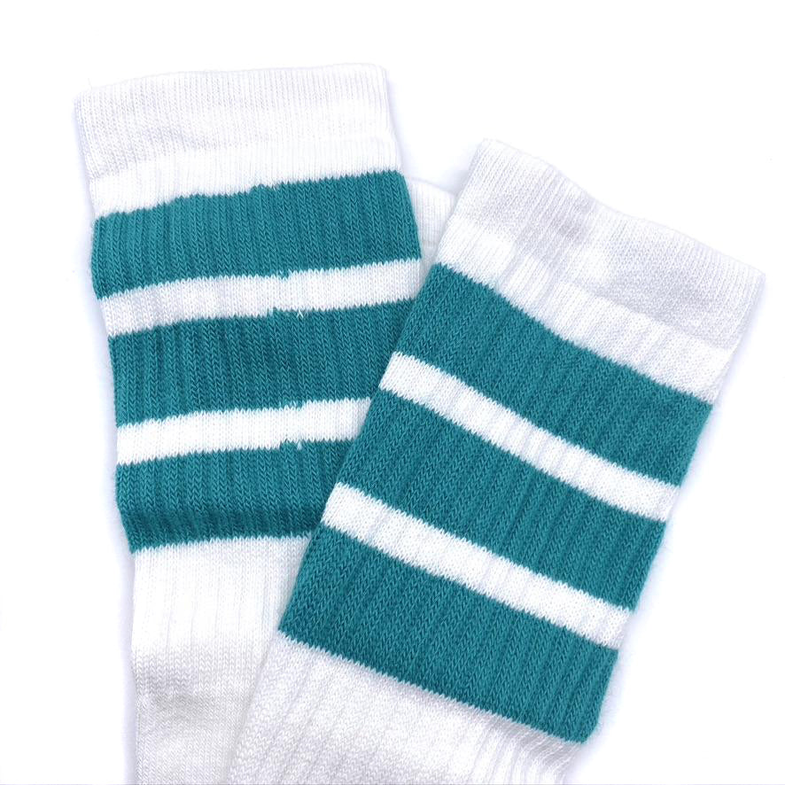 Skater Sock Knee Length - WHITE W/ TEAL STRIPES