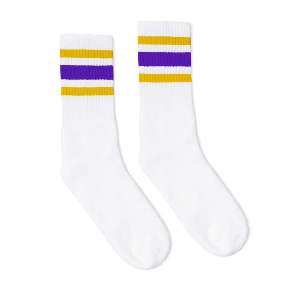 SOCCO Crew Length Socks - WHITE W/ GOLD AND PURPLE STRIPES